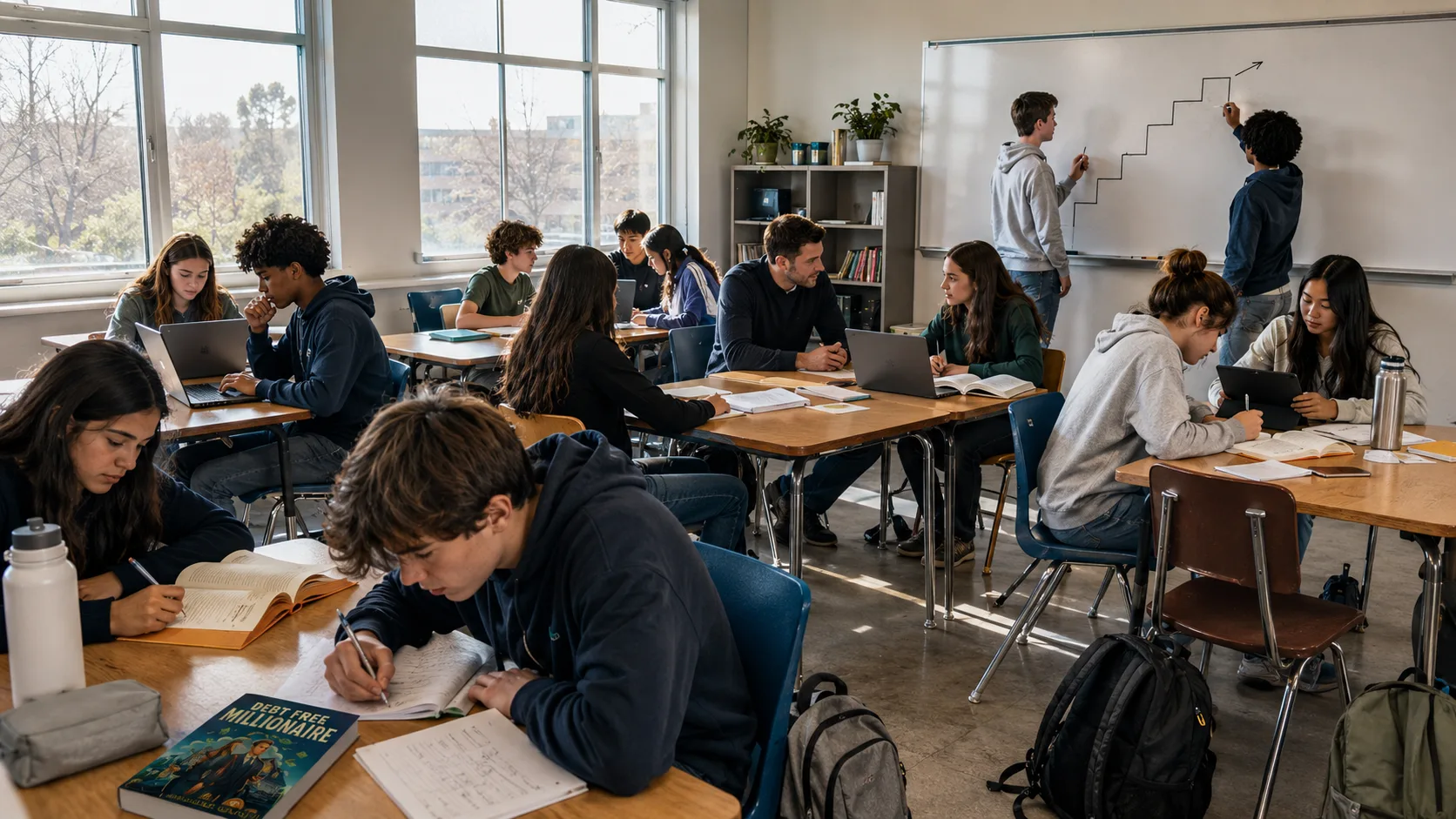 A classroom of students working in small groups over books, laptops and a whiteboard while a teacher talks with one of them.