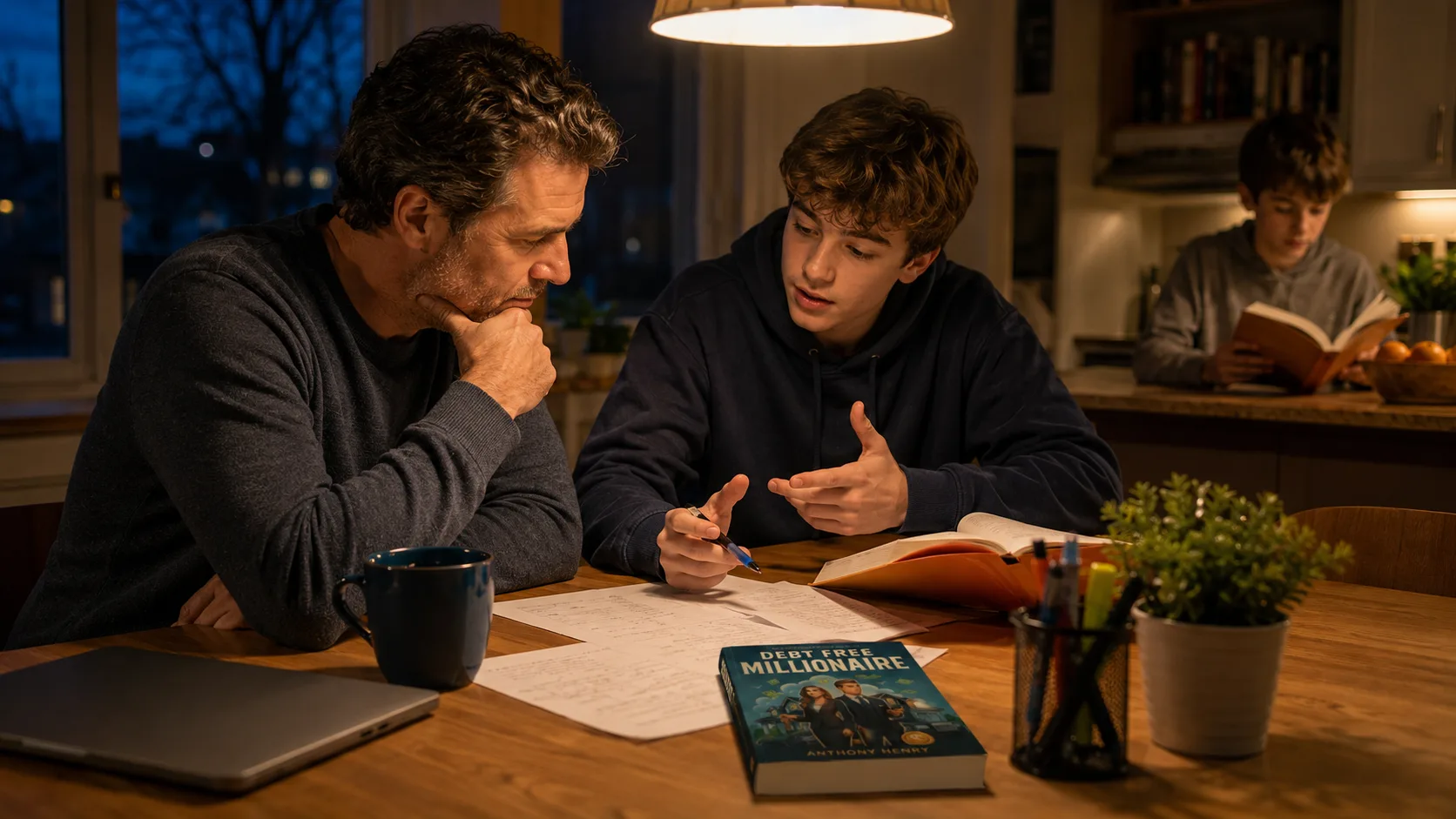 A parent and teenager at a kitchen table in evening light, going through the student's own handwritten worksheets together.