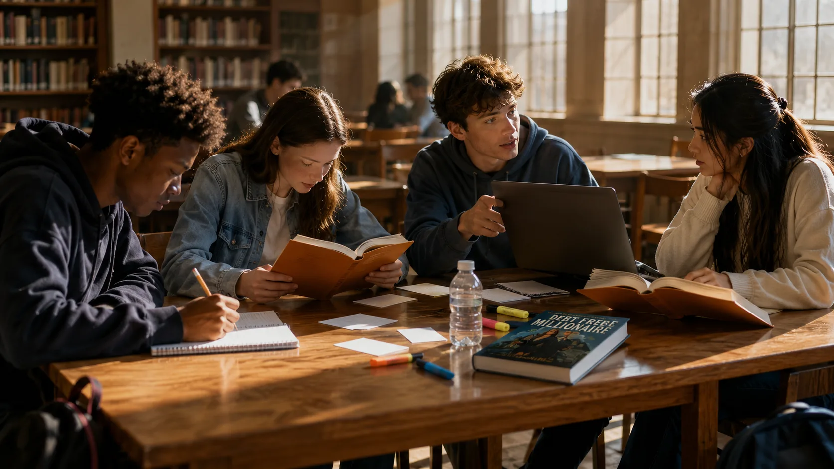 Four teenage students working together around a sunlit library table with open workbooks, notebooks and a laptop.