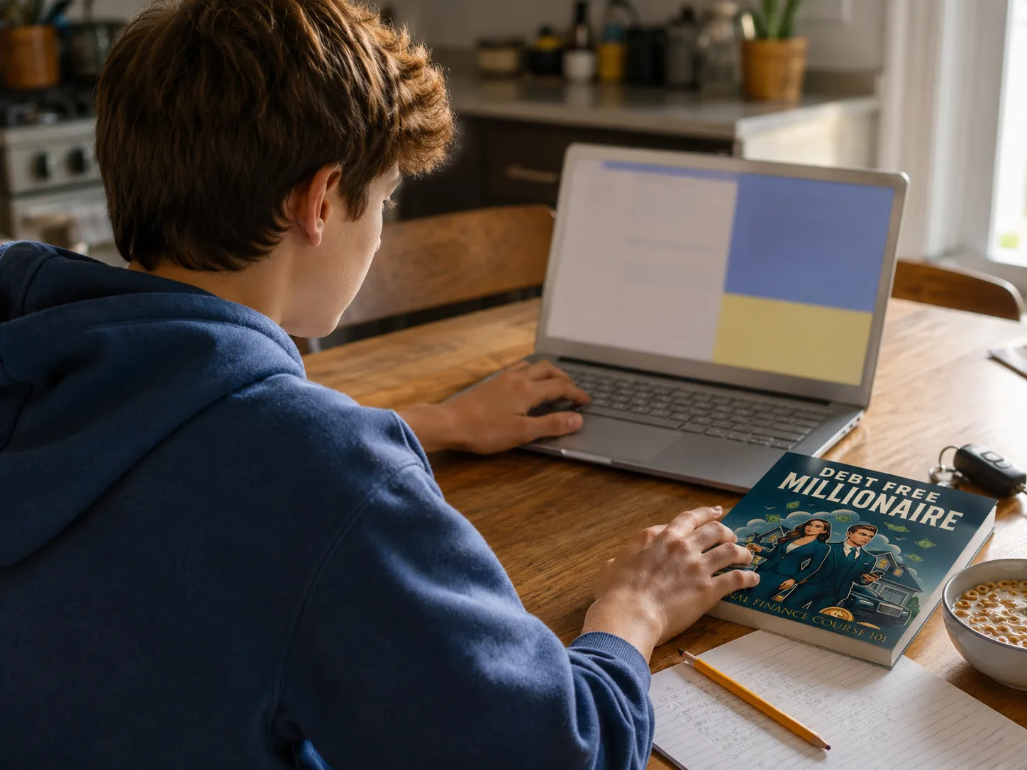 A teenage boy at a kitchen table working through a lesson on a laptop with an open book and handwritten notes beside it.