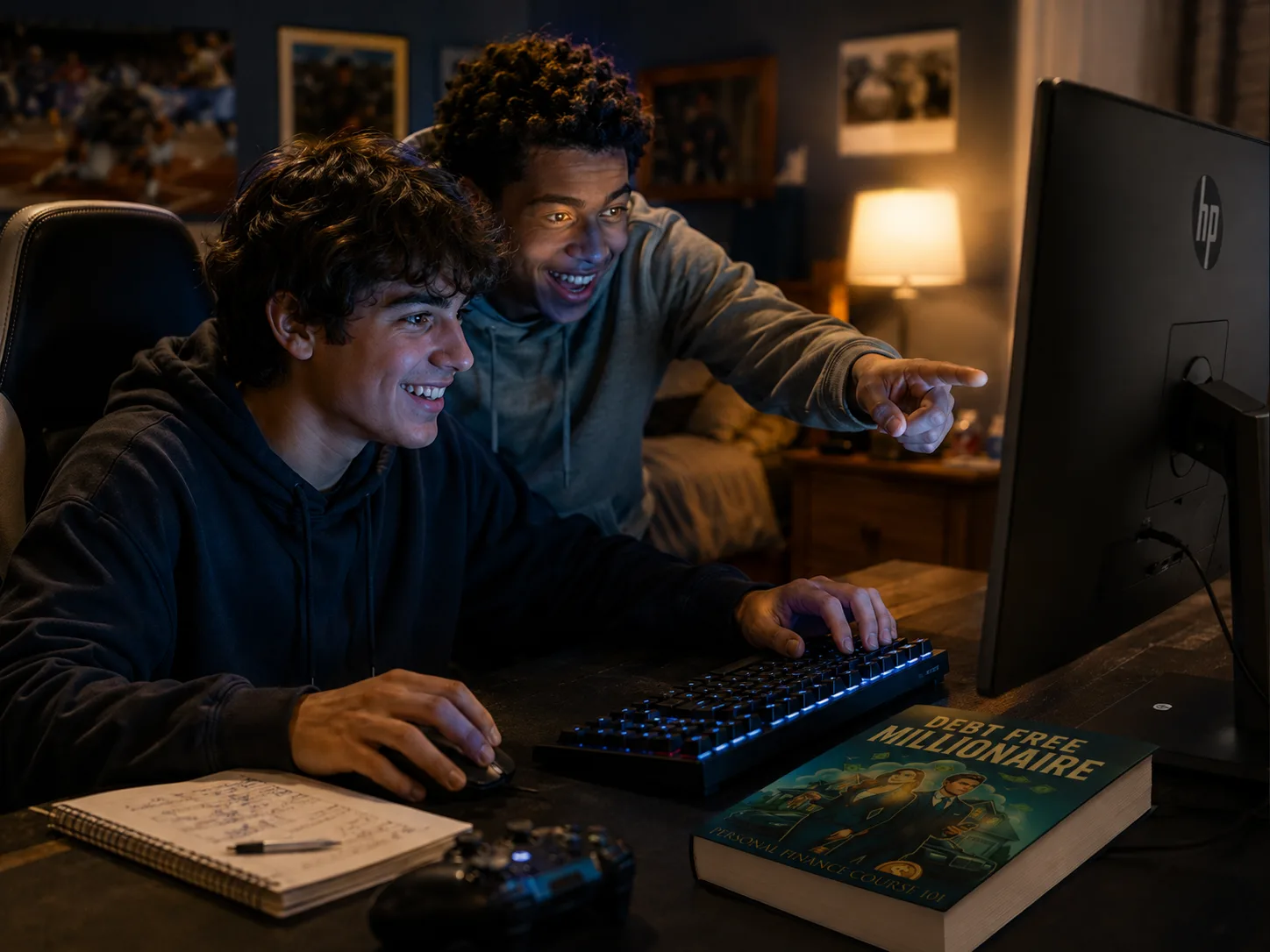 Two teenagers at a desk playing the Debt Free Millionaire life simulation, one leaning in to point at the screen.